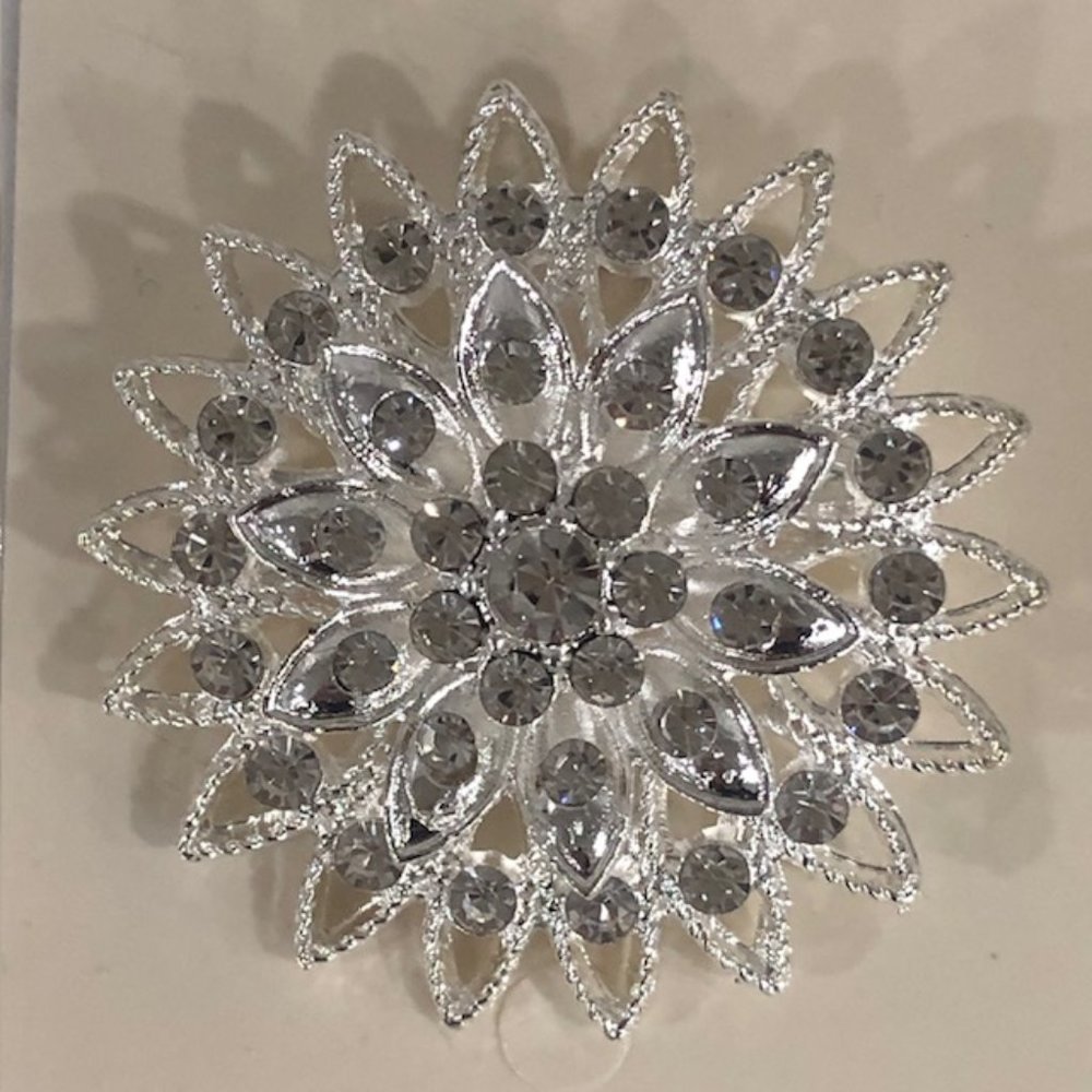 Flower Brooch Pin with Light Gray Diamonds - Silver Tone, New Condition